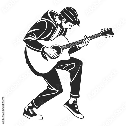 Black and white illustration of a person playing acoustic guitar