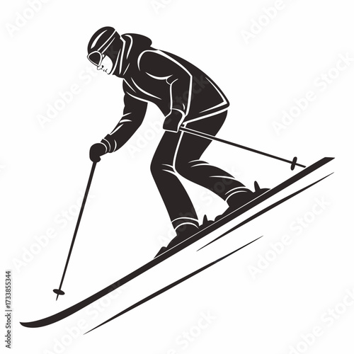 Black and white vector graphic of a skier skiing winter sport