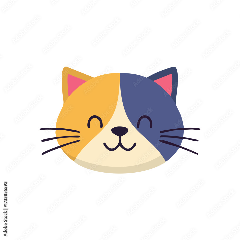 Fototapeta premium Cartoon illustration of a cat's head with a happy expression, featuring a color-blocked design in gold and blue on a white background.