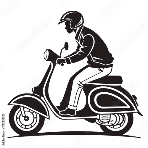 Black and white vector illustration of a person riding a scooter