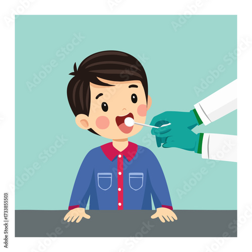 A young boy having a throat swab taken by a medical professional wearing gloves and a lab coat.