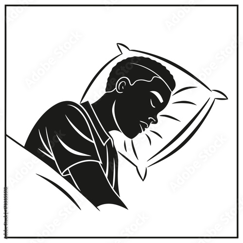 Black and white vector illustration of a person sleeping on a pillow 1