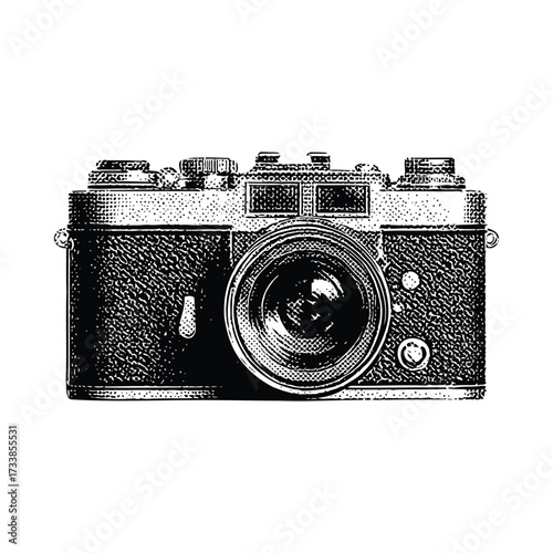 Halftone camera vector illustration, vintage and retro photography camera clipart, grunge dot pattern camera icon design, Classic film camera, Digital and print art camera logo