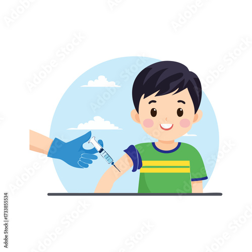 A cheerful young boy receives a vaccination in his arm from a healthcare professional wearing blue gloves.