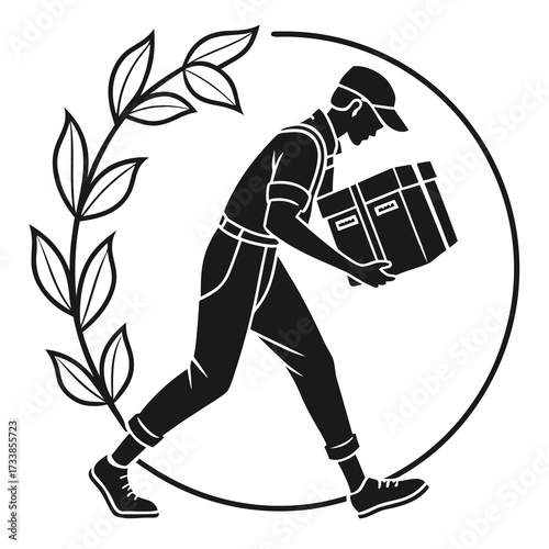 Black silhouette delivery person carrying box within circle and leaves