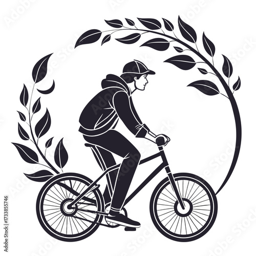 Black silhouette man riding bicycle framed by leaves