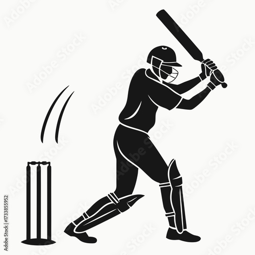 Black silhouette of a cricket batsman hitting a ball