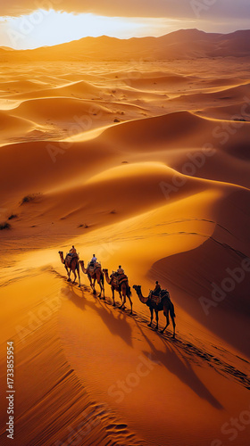 Camel caravan casts long shadows across glowing sand dunes at sunset