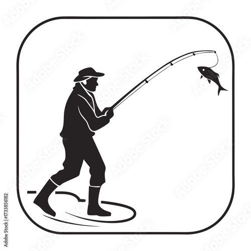 Black silhouette of a fisherman catching a fish fishing
