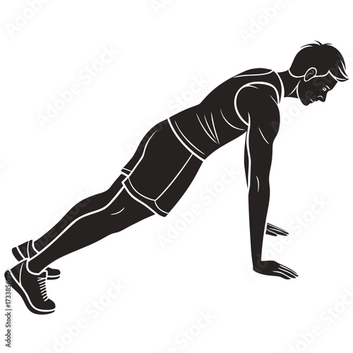 Black silhouette of a man doing a plank exercise fitness