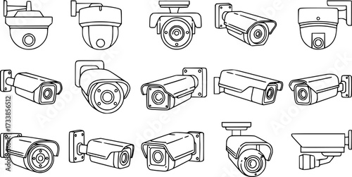  icons of surveillance cameras in various angles, ideal for security, monitoring, and technology-themed designs.
