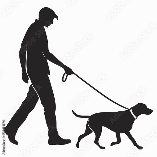 Black silhouette of a man walking a dog on a leash 1
