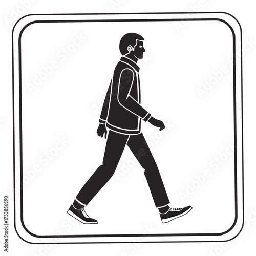 Black silhouette of a man walking in a rounded square frame