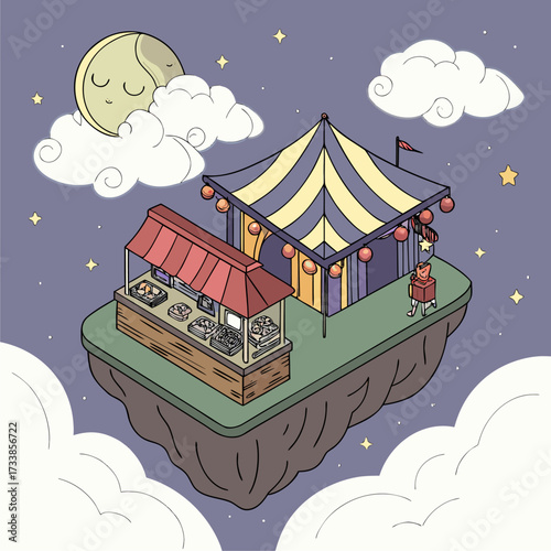 Isometric illustration of a night fair with a food stall and striped tent on a floating island. Moon, clouds, and stars decorate the dreamy background.

