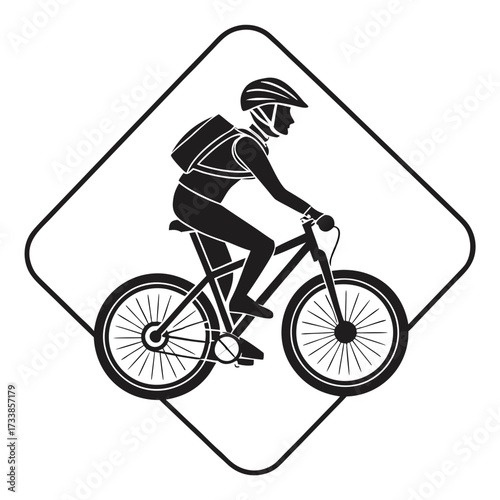 Black silhouette of a person riding a bicycle within a diamond shape