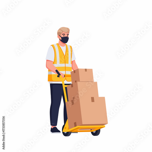 A person wearing a mask and safety vest is moving boxes on a hand truck.