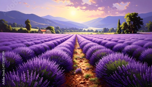 Serene Lavender Field at Sunset with Rolling Hills and Distant Mountains