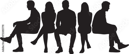 Silhouette of five diverse people sitting on bench.