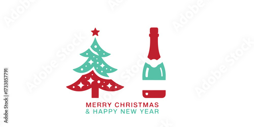 Festive christmas tree and champagne bottle illustration with holiday greetings
