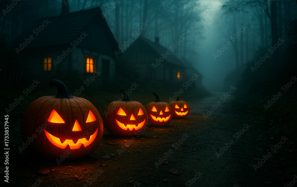 Fototapeta premium Jack-o’-lanterns lighting up a foggy village path