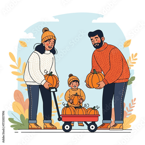 Joyful family picks pumpkins together at autumn patch creating happy memories 