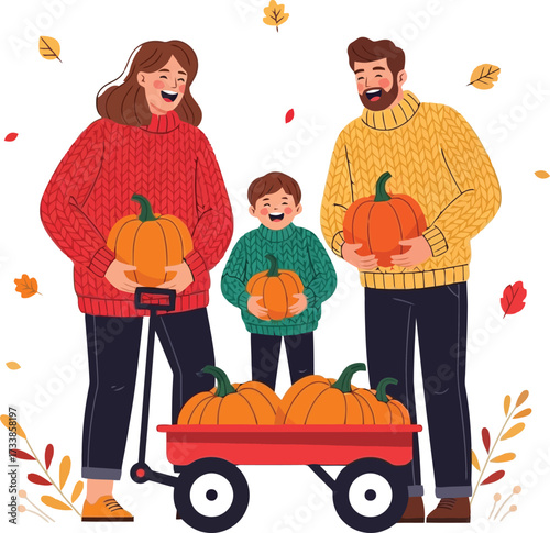 Happy family enjoys autumn fun at the pumpkin patch selecting pumpkins