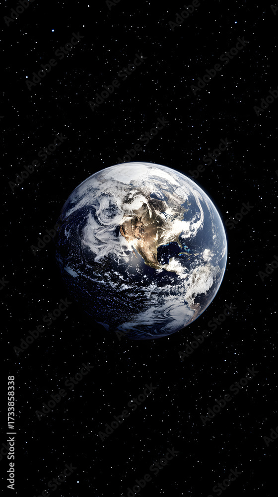 Naklejka premium Stunning view of Earth from space, showing continents bathed in sunlight against a backdrop of endless stars, inspiring wonder and global connection.