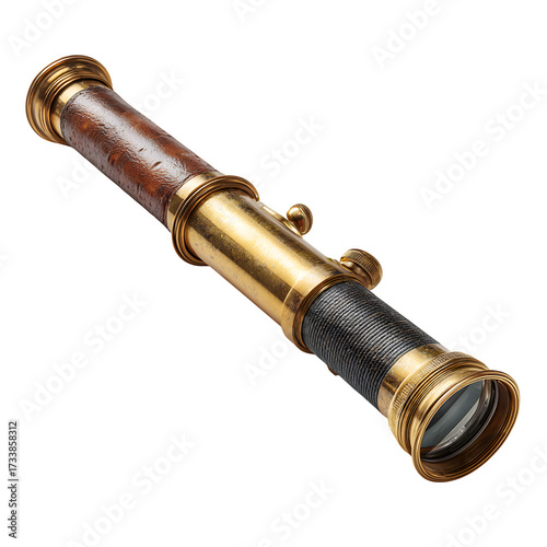 An antique spyglass telescope made of brass and leather, extended and polished, sharp details, soft ground shadow, centered object on white --ar 1:1 --raw