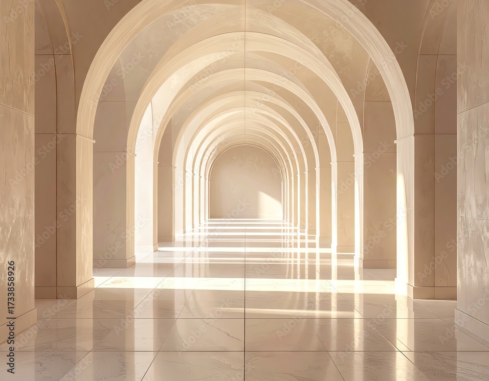 Obraz premium Bright Beige Tiled Hallway with Arches Perspective View Lit by Natural Light in Minimalist Style Interior Design and Smooth Reflections