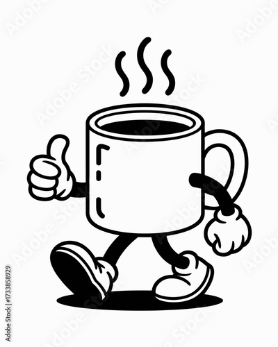 Cartoon Coffee Cup Mascot Walking with Thumbs Up Gesture in Black and White Illustration Style for Morning Energy