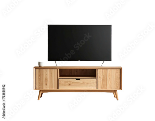 A wood TV stand with a large screen above, and a mug on its side