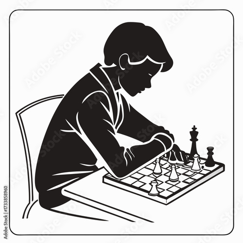 Boy playing chess black and white vector icon board game