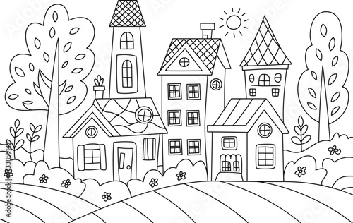 Whimsical Village Scene With Tall Buildings and Trees town houses