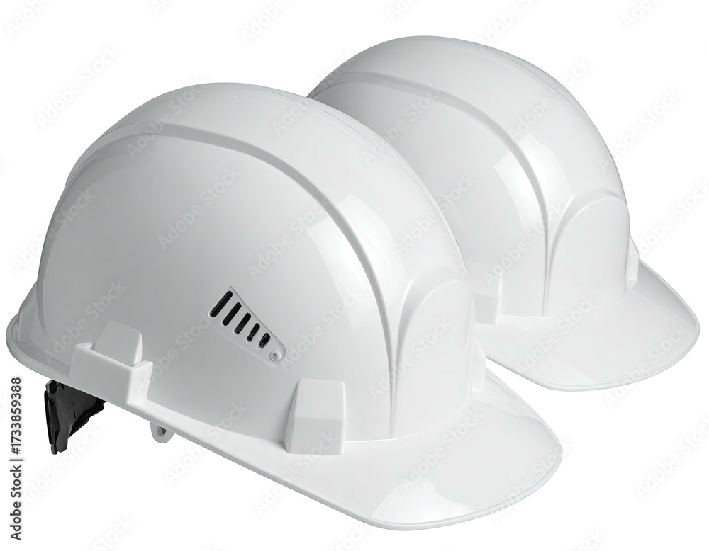 Fototapeta premium Two glossy white protective helmets, side by side, on a transparent background