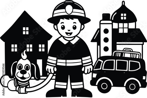 Cartoon Fireman and Fire Truck Silhouette