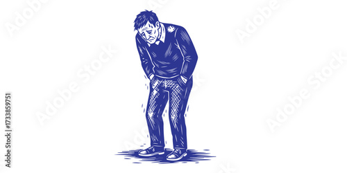 Lone figure in blue standing with head down