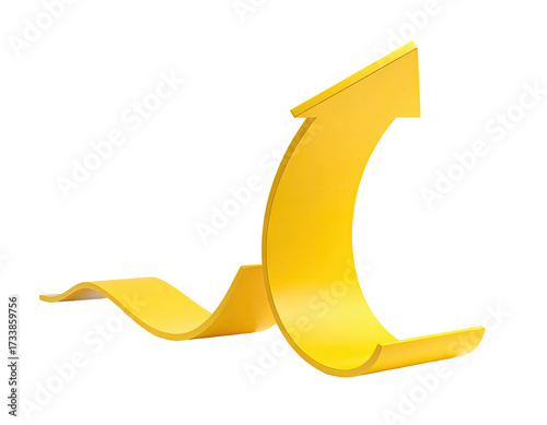 A golden, curved arrow, rising with a winding path, isolated on black