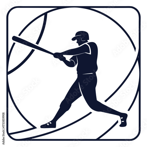 Dark blue baseball player swinging bat inside circle