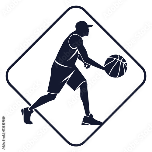 Dark blue basketball player dribbling in diamond frame