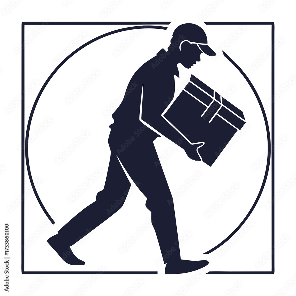 Obraz premium Dark blue silhouette delivery man carrying box in circle and square