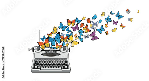 Vintage typewriter releasing colorful butterflies symbolizing creativity and imagination, Generative AI.