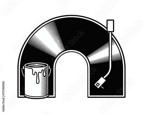 Creative vector design merging music and art featuring a vinyl record a paint bucket and a turntable needle creating a unique and modern graphic representation