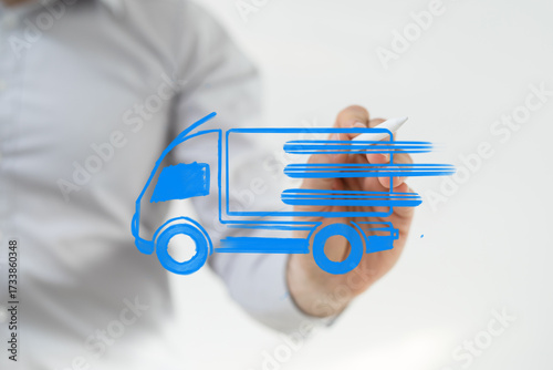 A hand sketches a fast blue...