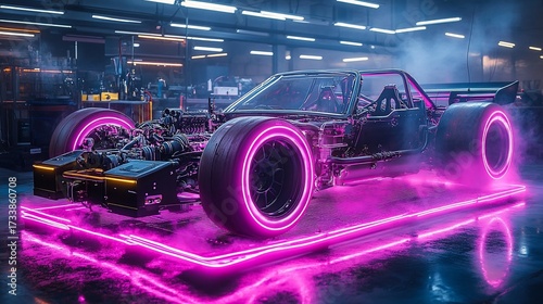 Neon-lit race car chassis in workshop