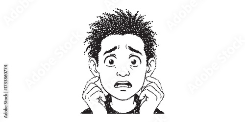 Man s face expressing shock and fear with hands covering ears