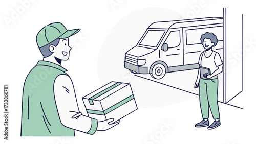 Delivery person handing package to recipient with van