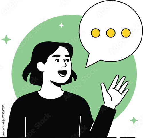 Vector art of a cheerful woman with short black hair is enthusiastically sharing her thoughts, her hand raised in a friendly gesture