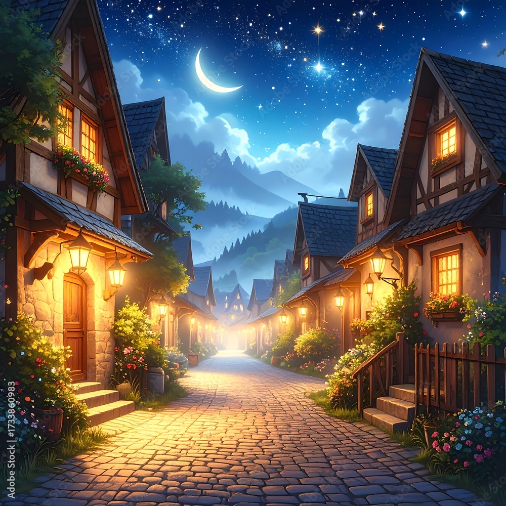 Naklejka premium Charming night village street scene
