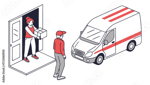 Delivery person hands package to woman at door with van