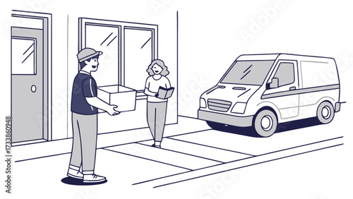 Delivery person handing package to woman with book and van
